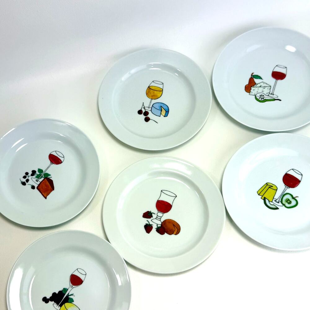 Signature Wine & Cheese Porcelain Plates By Ursula Dodge Six Each